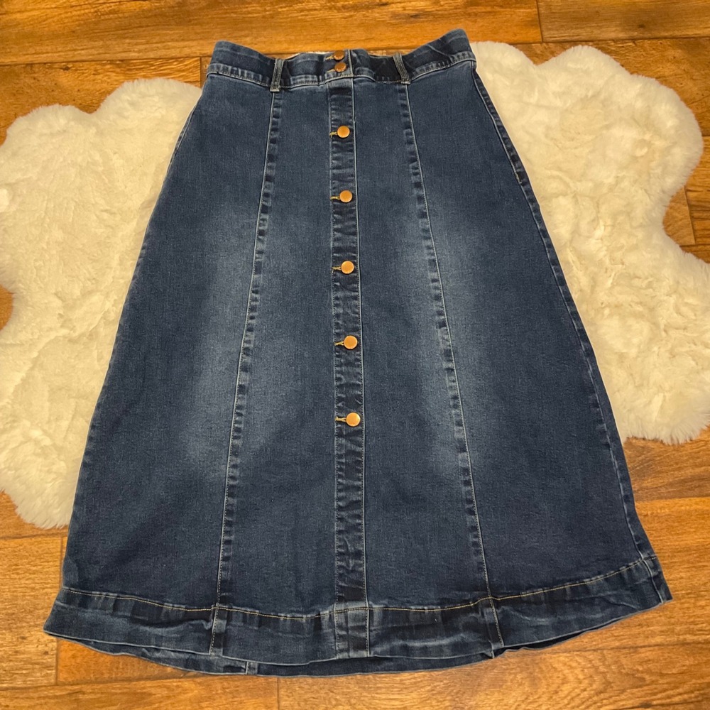 Indigo Poppy Size 10 Midi Denim Skirt Button Front Detail Womens Elastic Waist A